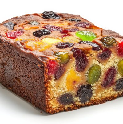 A beautifully baked fruitcake loaf showcases vibrant dried fruits throughout its moist, textured interior, inviting taste buds to savor the rich flavors and festive essence.