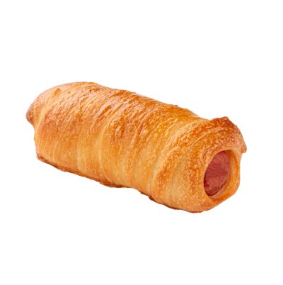 Isolated russian snack sausage wrapped in a dough on the white background